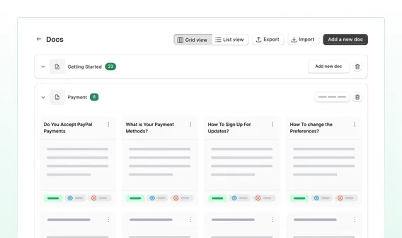 BetterDocs docs manager in grid view with Getting Started and Payment categories and their help articles