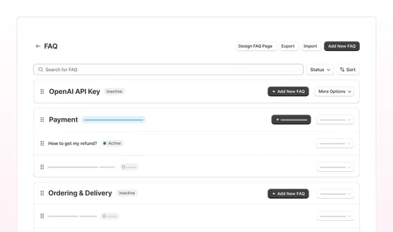StoreFAQ admin listing FAQ groups such as Payment and Ordering & Delivery, each with active and inactive questions