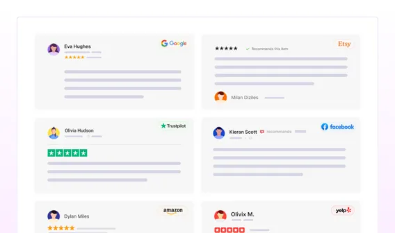 Trust.Sync review wall showing customer reviews collected from Google, Etsy, Trustpilot, Facebook, Amazon and Yelp