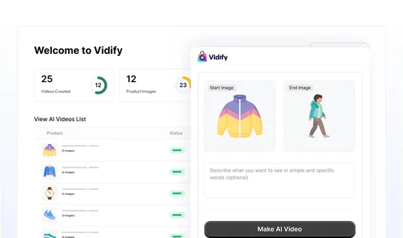 Vidify dashboard with videos-created and product-image counts, an AI videos list, and a panel to generate a video from a start and end image